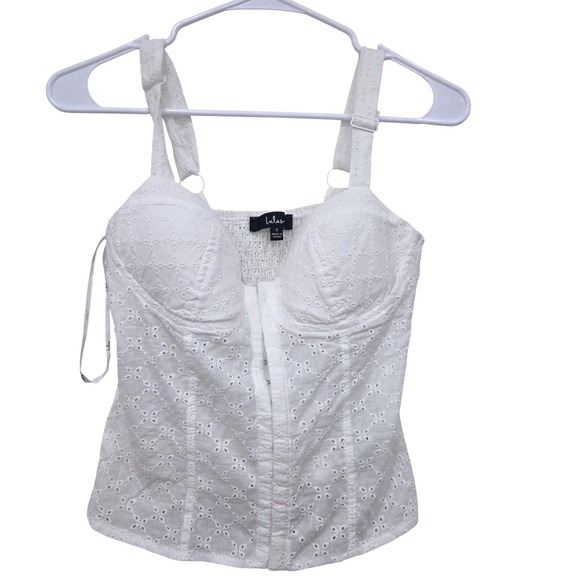 Lulus Tops - Lulus White Eyelet Lace Corset Top Adjustable Straps Smocked Back Small
